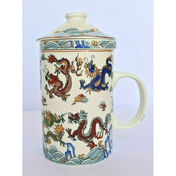 Kitchen 3 Piece Chinese Inspired Porcelain Tea Infuser Set Dragons